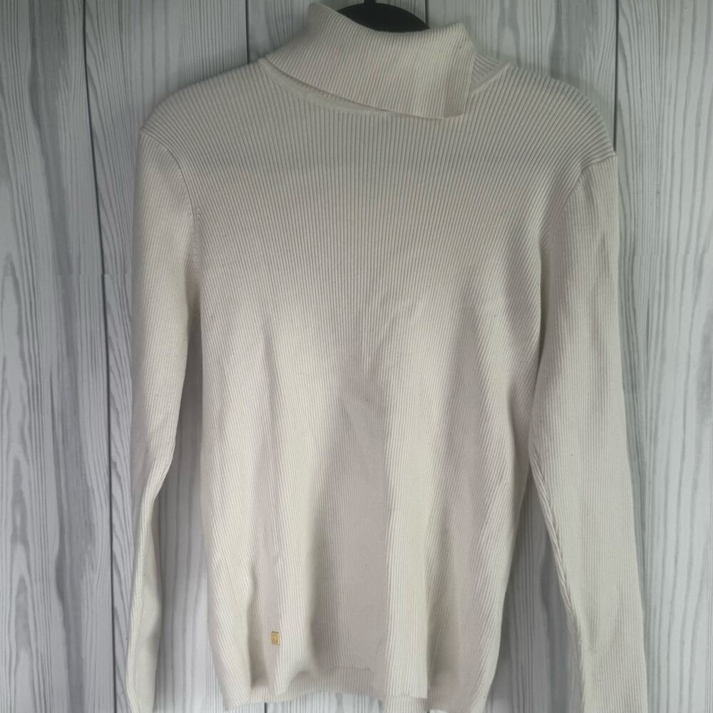 Y2K Lauren Ralph Lauren LRL Sweater Women's Ivory Ribbed Turtleneck Logo XL - Picture 3 of 9